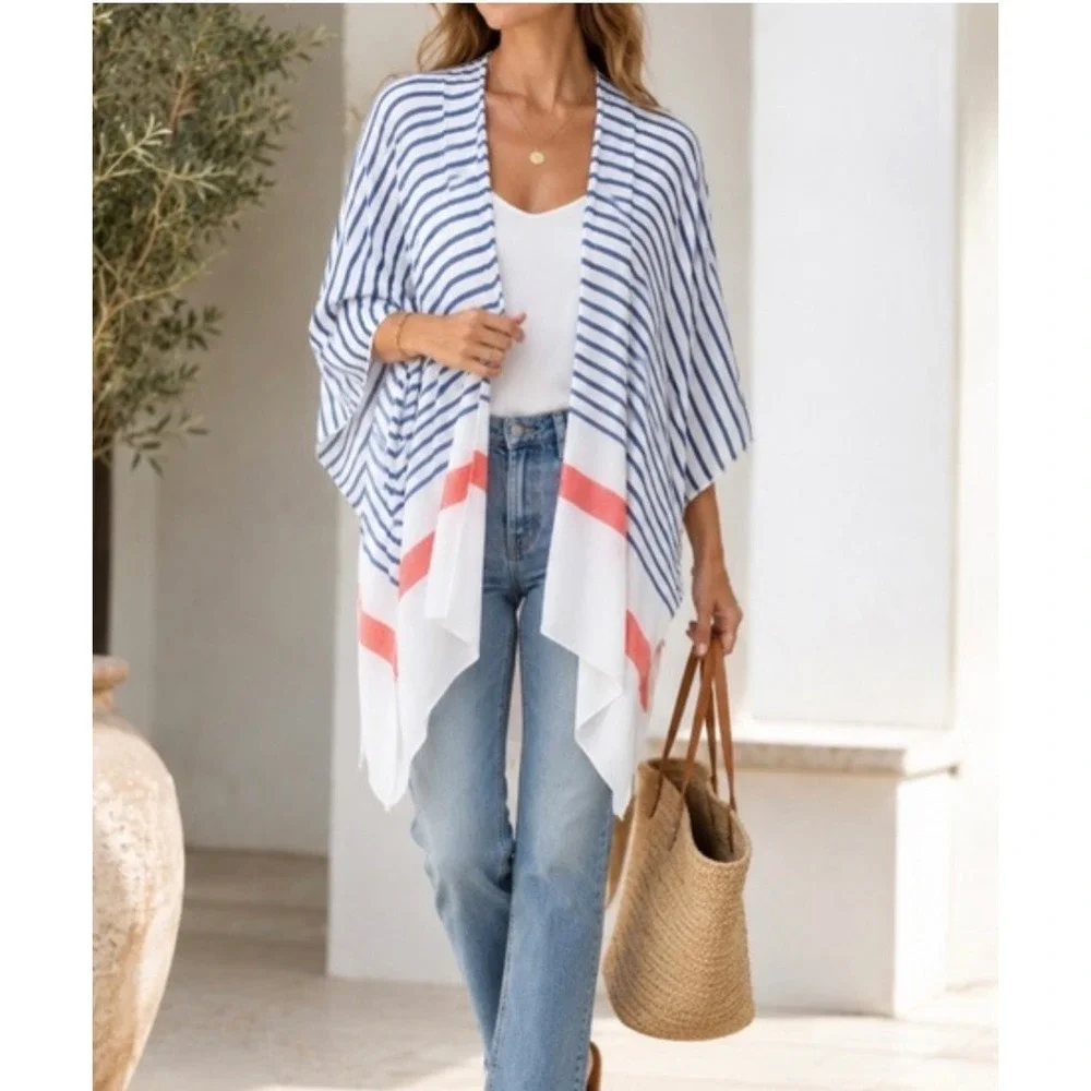 Mersea Thinny Traveler Travel Wrap White Navy Red Striped Poncho TTRV-WHITE NWT